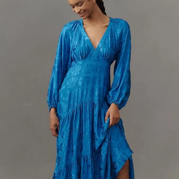 New Farm Rio Long-Sleeve V-Neck Jacquard Maxi Dress Deep Blue